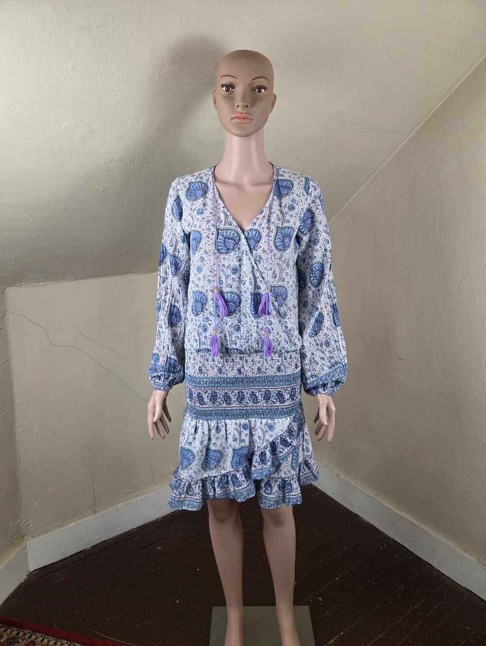 Alicia Bell Blue White Boho Paisley Mini Dress Size S 100% Cotton Tassel Ruffle